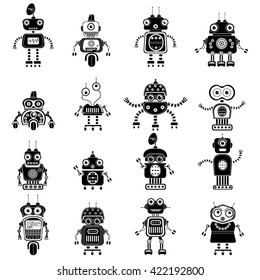 Robot icons, mono vector symbols. Vector robot silhouettes set. Flat design style robots and cyborgs. Science fiction androids with artificial intelligence. Eps10