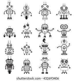 Robot icons, mono vector symbols. Flat design style robots and cyborgs. Science fiction androids with artificial intelligence.