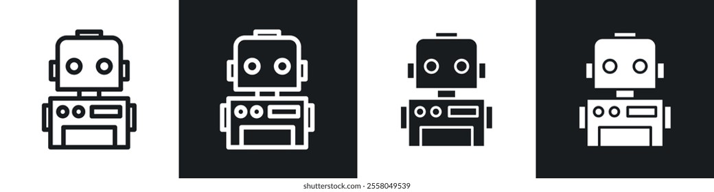 Robot icons pack in black and white filled and outlined versions.