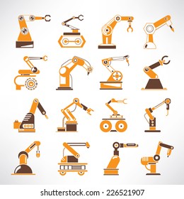 robot icons, robotic arm icons,industrial robot in manufacturing process icons, orange color theme