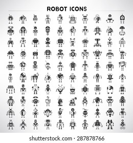 robot icons set, big set vector of cute robots