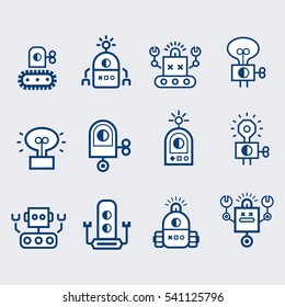 Conjunto de iconos robots.  Bot, colección de símbolos. Máquina cartográfica electromecánica, ilustración vectorial aislada. Diseño lineal, trazo editable.