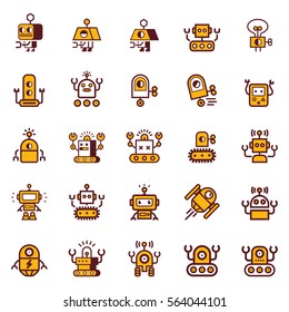 Robot  icons set.  Bot, symbols collection. Electromechanical cartoon machine, isolated vector illustration. Linear design, editable stroke.
