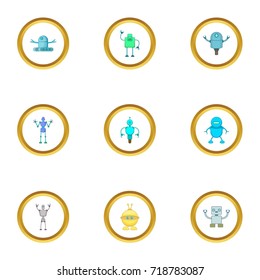 Robot icons set. Cartoon style set of 9 robot vector icons for web design