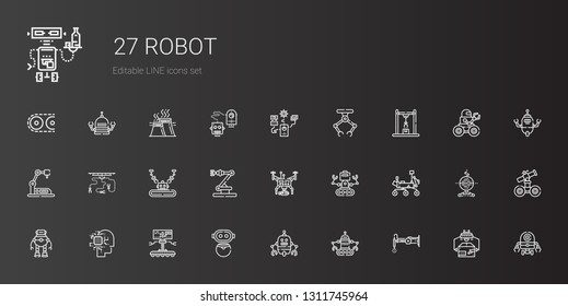 robot icons set. Collection of robot with artificial intelligence, mars rover, drone, industrial robot, industry, conveyor. Editable and scalable icons.