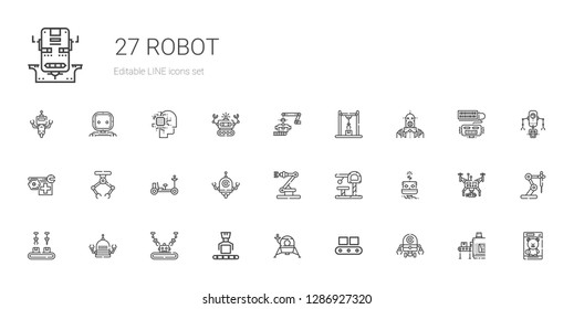 robot icons set. Collection of robot with conveyor, lander, industrial robot, toy, moon rover, drone, artificial intelligence. Editable and scalable icons.