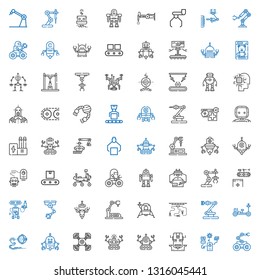robot icons set. Collection of robot with drone, moon rover, industrial robot, lander, conveyor, mars rover, industry, toy, artificial intelligence. Editable and scalable icons.