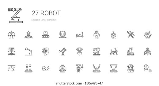 robot icons set. Collection of robot with industrial robot, conveyor, mars rover, toy, artificial intelligence, moon rover, space station. Editable and scalable icons.