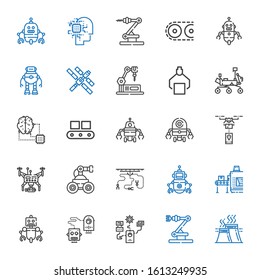 Robot Icons Set. Collection Of Robot With Industry, Industrial Robot, Conveyor, Drone, Artificial Intelligence, Mars Rover, Space Station. Editable And Scalable Icons.