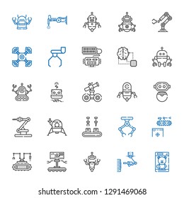 robot icons set. Collection of robot with toy, industrial robot, conveyor, lander, artificial intelligence, drone. Editable and scalable icons.