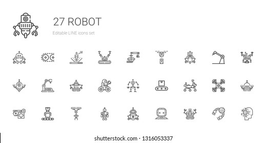 robot icons set. Collection of robot with toy, industrial robot, mars rover, conveyor, drone, artificial intelligence. Editable and scalable icons.
