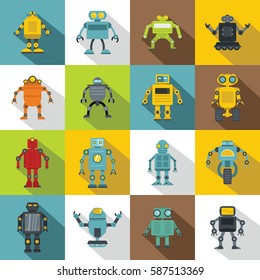 Robot icons set. Flat illustration of 16 robot vector icons for web