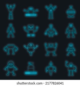 Conjunto de iconos robots. Ilustración de 16 íconos del vector robot color neón en negro