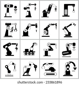 robot icons set, industrial robot arm icons, robotic arm in production line