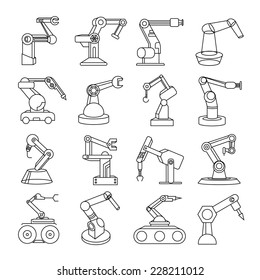 robot icons set, robotic arm in factory working, line theme