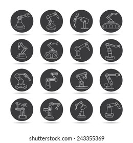 robot icons set, robotic arm, industry robot buttons, thin line