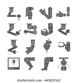 robot icons set, robotic arm in manufacturing process icons