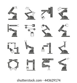 robot icons set, robotic arm in manufacturing process icons