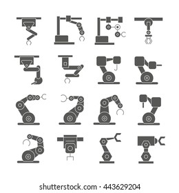 robot icons set, robotic arm in manufacturing process icons