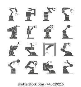 robot icons set, robotic arm in manufacturing process icons