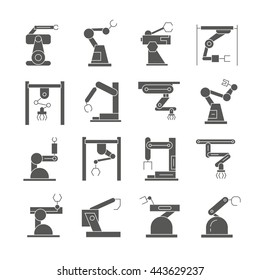 robot icons set, robotic arm in manufacturing process icons