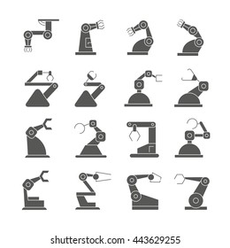 robot icons set, robotic arm in manufacturing process icons