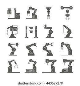 robot icons set, robotic arm in manufacturing process icons