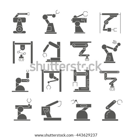 robot icons set, robotic arm in manufacturing process icons