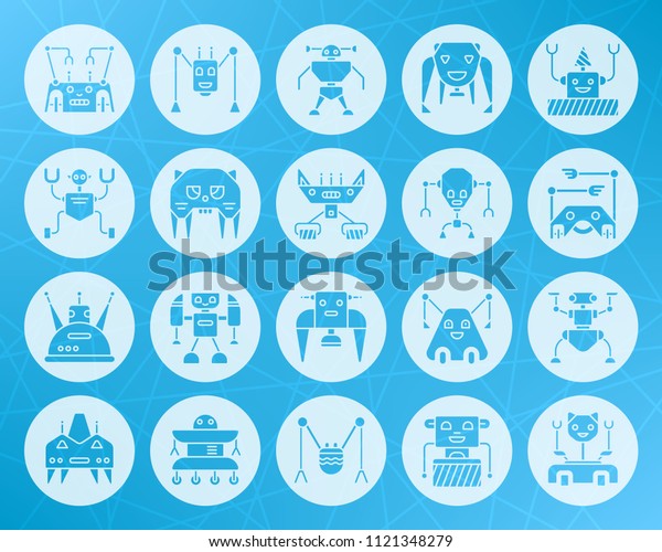 Robot icons set. Sign kit of character.
Transformer pictogram collection includes toy, cyborg, android.
Simple robot vector symbol. Artificial intelligence icon carved
from circle on colorful
backdrop