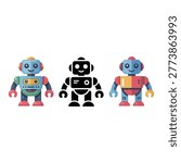 Robot icons set, toy robots, science fair poster, kids coding camp, stem workshop session, birthday party decor, futuristic vector design