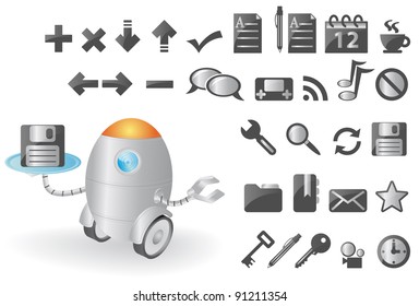 robot with icons set for web, vector illustration
