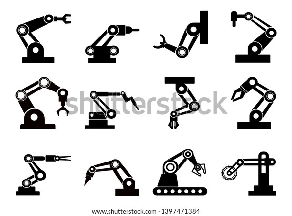 robot icons\
set,vector robotic arm black\
symbol