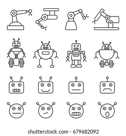 Robot icons: thin monochrome icon set, black and white kit