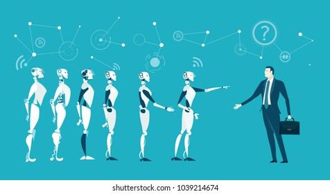 Robot identifying a human.  Future business reality, Robots VS Humans