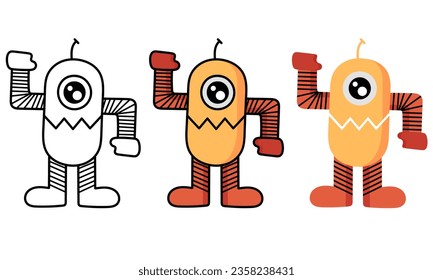 robot illustration with 3 types of designs, namely outline, colored and without outline