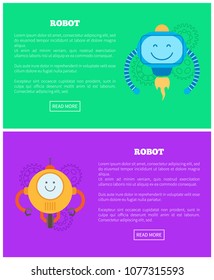 Robot illustrations, two colorful vector banners, lilac and green backdrops, gears group, orange round droid on one wheel, flying cyborg, push buttons