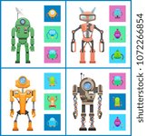 Robot images collection, creatures made of metal material and mind with satellite dish, set vector illustration isolated on white background