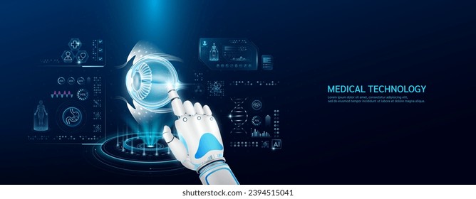 Robot index finger is touching a human eyeball. Medical health care with futuristic technology AI. Organ X ray examination and scan virtual simulation interface hologram. Banner vector.