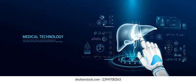 Robot index finger is touching a human liver. Medical health care with futuristic technology AI. Organ X ray examination and scan virtual simulation interface hologram. Banner vector.