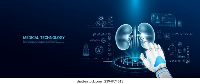 El dedo índice robot está tocando un riñón humano. Atención médica con tecnología futurista AI. Examen de rayos X por órganos y escaneo de holograma de interfaz de simulación virtual. Vector de pancarta.