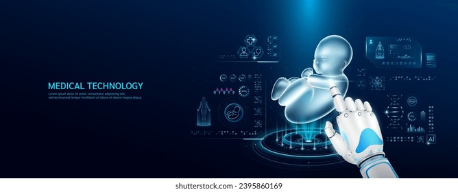 El dedo índice robot está tocando un feto humano. Atención médica con tecnología futurista AI. Examen de rayos X por órganos y escaneo de holograma de interfaz de simulación virtual. Vector de pancarta.