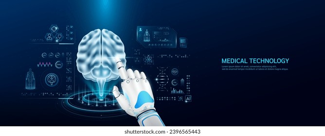 Robot index finger is touching a human brain. Medical health care with futuristic technology AI. Organ X ray examination and scan virtual simulation interface hologram. Banner vector.