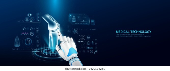 El dedo índice de robot está tocando un hueso de articulación de rodilla humana. Atención médica con tecnología futurista. Examen de rayos X por órganos y escaneo de holograma de interfaz de simulación virtual. Vector de banner EPS10.