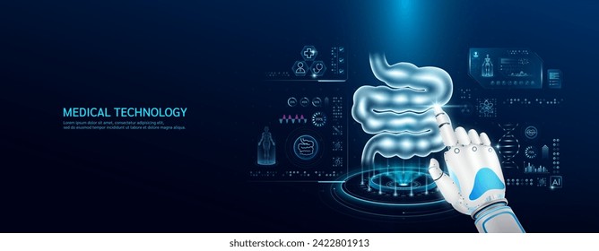 Robot index finger is touching a human small intestine. Medical health care with futuristic technology. Organ X ray examination and scan virtual simulation interface hologram. Banner vector.