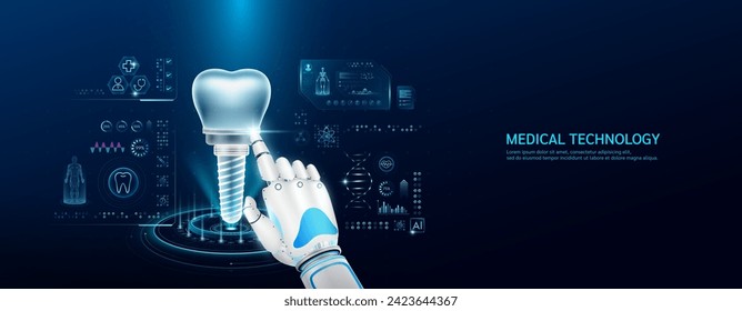 El dedo índice de robot está tocando un implante dental humano. Atención médica con tecnología futurista. Examen de rayos X por órganos y escaneo de holograma de interfaz de simulación virtual. Vector de banner EPS10.