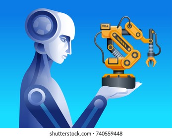 Robot with Industrial mechanical arm vector icon
