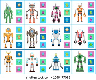 Robot industry collection, vector illustrations isolated on white backdrop, humanoids and droids set, robots with lamps, buttons and info dashboards