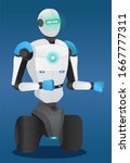 Robot innovation technology with light isolated ob blue. 3d view of automation metal machine in shape of human character with rising hands. Modern future with smart tech symbol of robotic vector