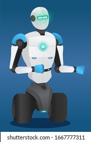 Robot innovation technology with light isolated ob blue. 3d view of automation metal machine in shape of human character with rising hands. Modern future with smart tech symbol of robotic vector