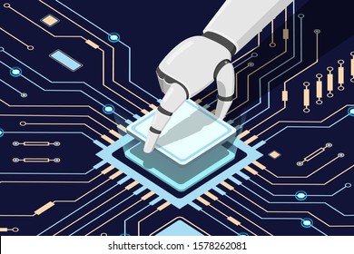 The robot installed the processor in the circuit board. Vector illustration.
